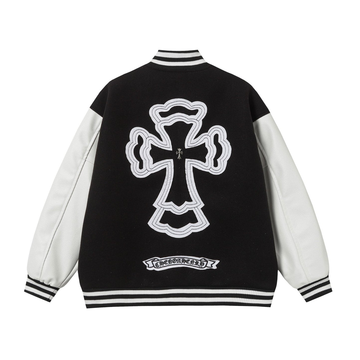 Chrome-Hearts Layered Cross Varsity Jacket - Black White Street Style Outerwear 2208