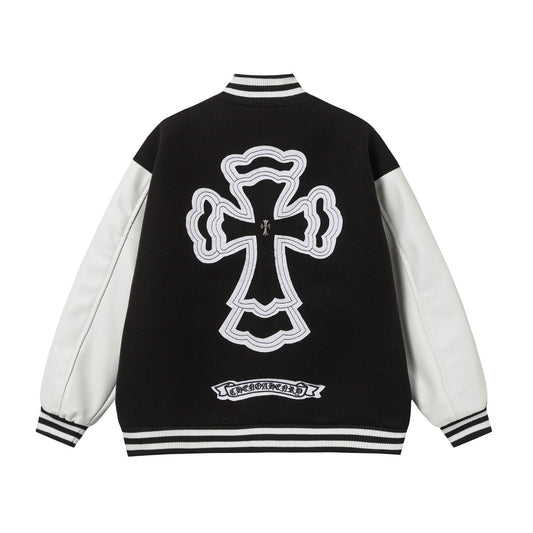 Chrome-Hearts Layered Cross Varsity Jacket - Black White Street Style Outerwear 2208