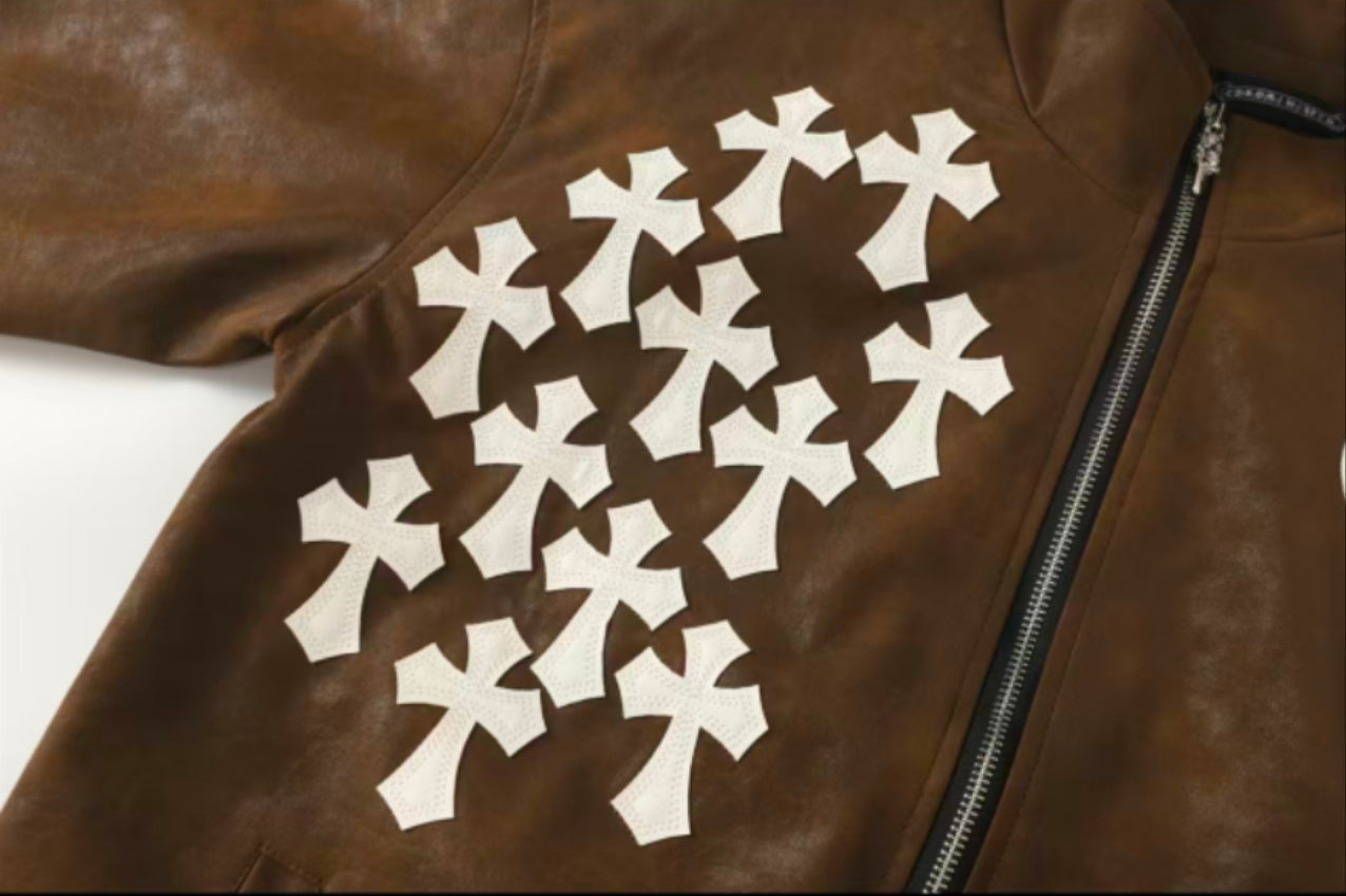 Chrome-Hearts Cross Patch Suede Jacket - Brown Gothic Streetwear Outerwear 8833