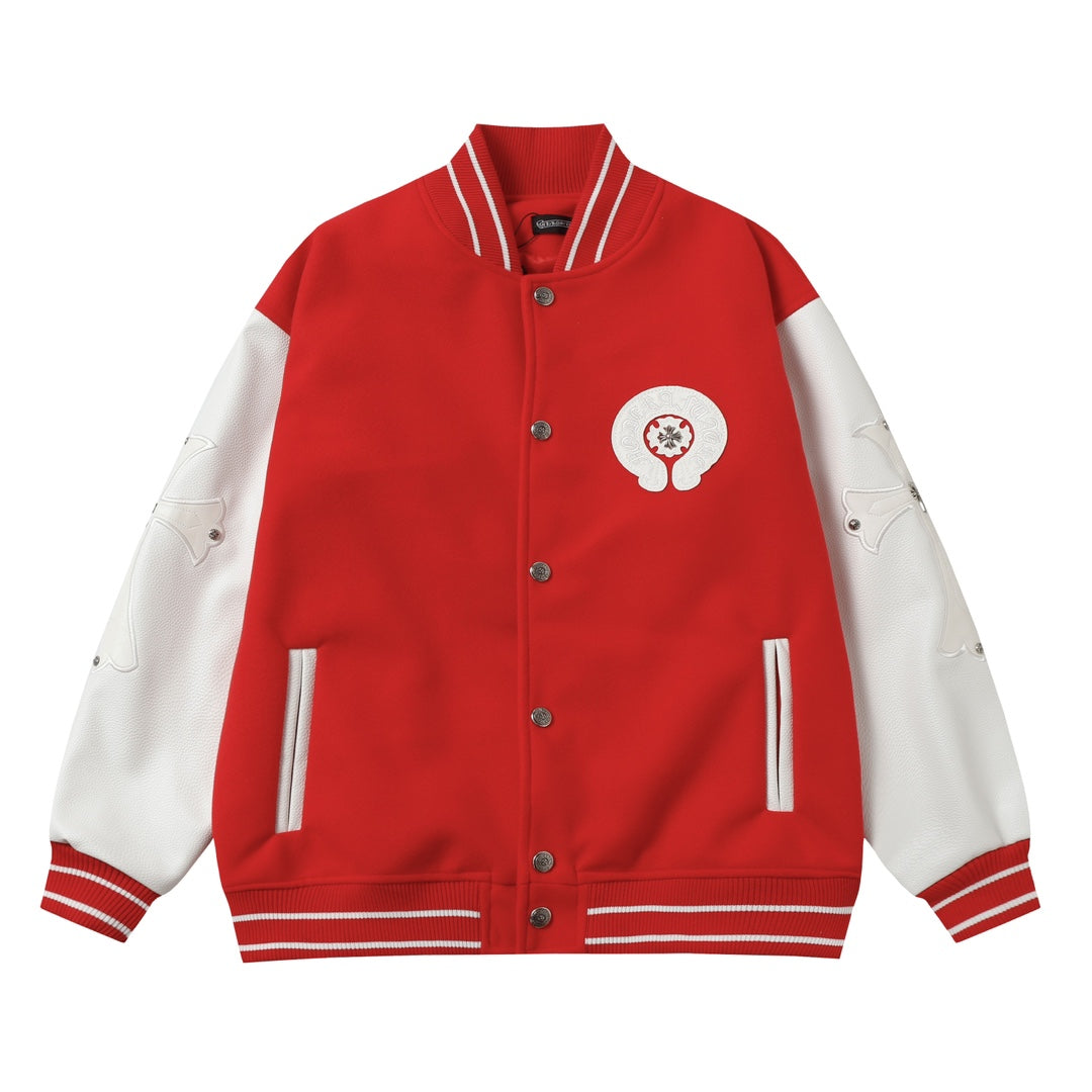 Chrome-Hearts Red Cross Varsity Jacket - White Sleeve Gothic Street Baseball Coat D68