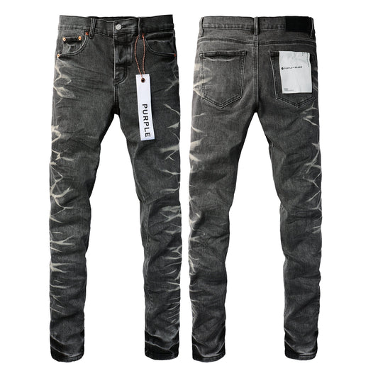 PURPLE Men Streetwear Skinny Jeans Dark Gray Wash with White Marbled Texture 9056