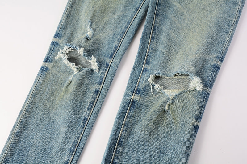 PURPLE Men Streetwear Skinny Jeans Light Blue Wash with Distressed Ripped Knee Details 9076