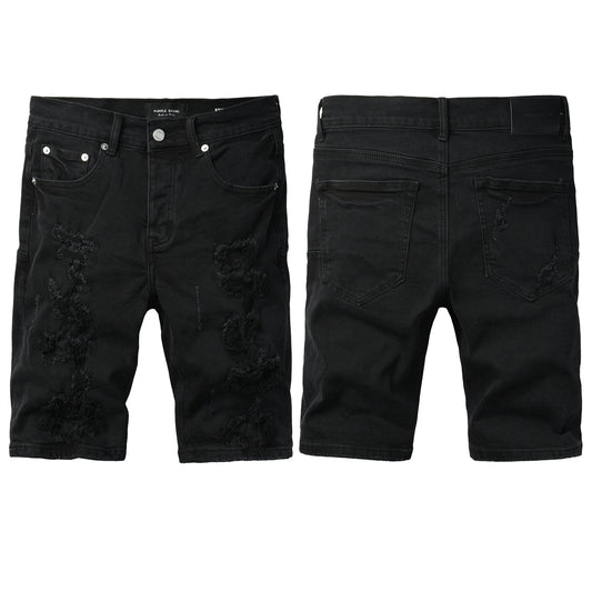 PURPLE Men Streetwear Black Denim Shorts with Distressed Ripped Details and Raw Hem 5108
