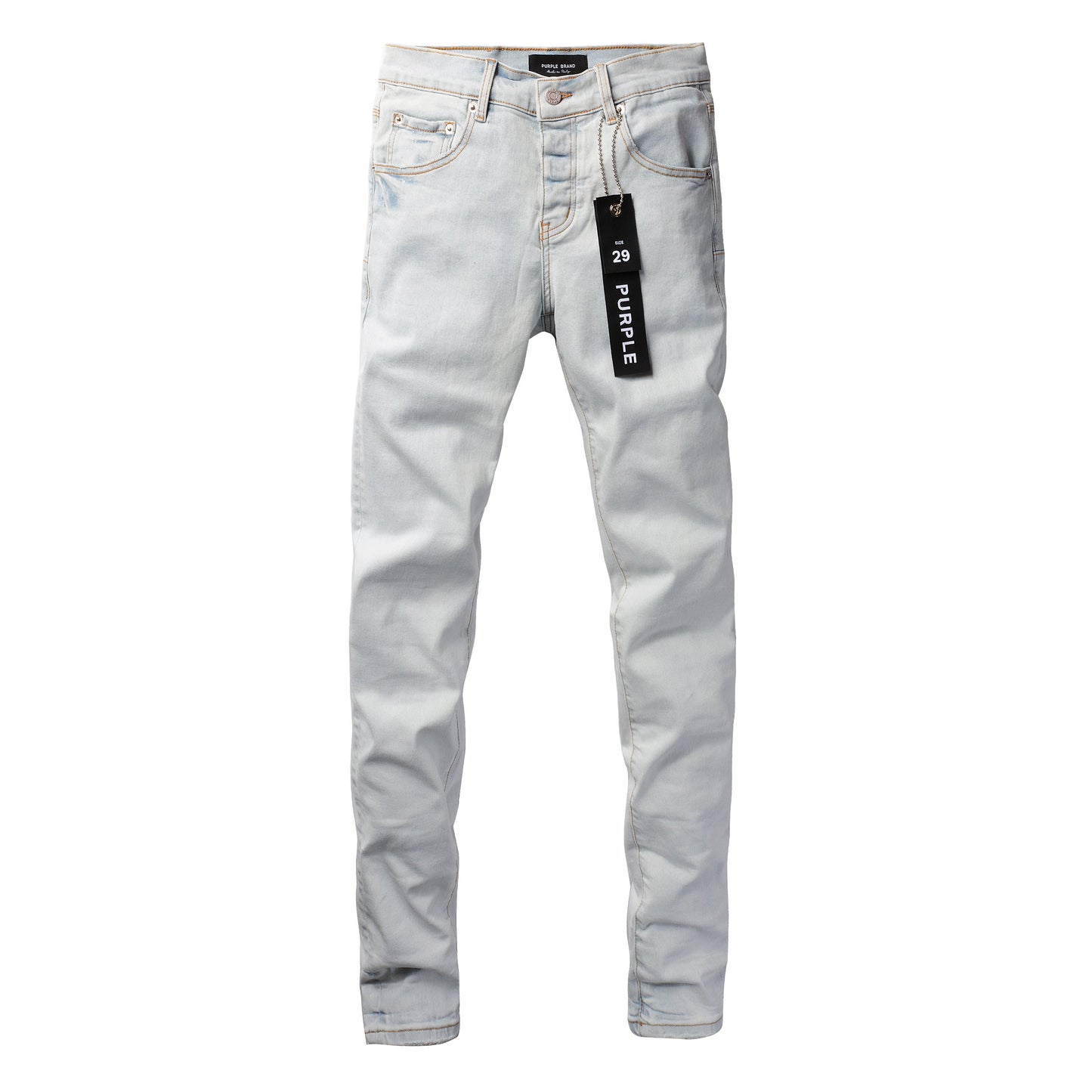 PURPLE Men Streetwear Skinny Jeans Light Gray Wash with Minimalist Style and Tag Accent 9081