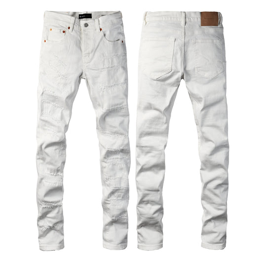 PURPLE Men Classic Streetwear Skinny Jeans Solid White with Subtle Distressed Details PU9118