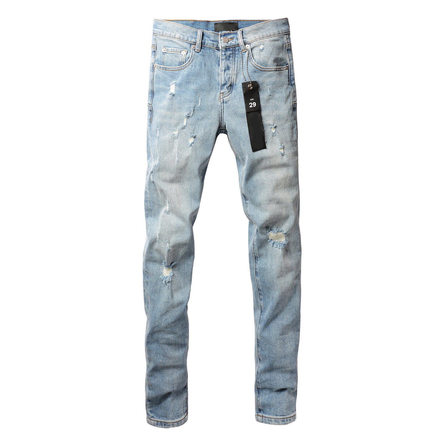 PURPLE Men Streetwear Skinny Jeans Light Blue Wash with Subtle Distressed Ripped Details 9075
