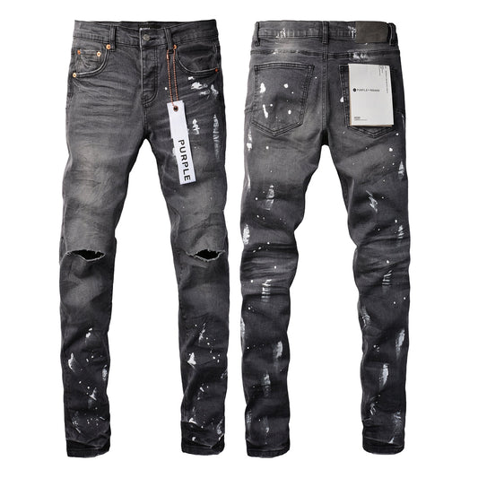 PURPLE Men Streetwear Skinny Jeans Dark Gray Wash with Knee Rips and White Paint Splatter 9039
