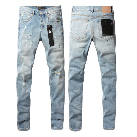 PURPLE Men Streetwear Skinny Jeans Light Blue Wash with Subtle Distressed Ripped Details 9075