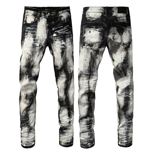 PURPLE Men Streetwear Skinny Jeans Black and White Graffiti Wash with Multi Color Paint Splash 9111