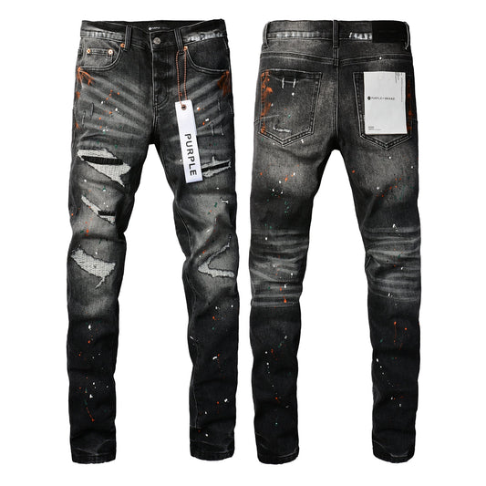 PURPLE Men Streetwear Skinny Jeans Dark Gray Wash with Distressed Rips and Multi-Color Paint Splatter 9018