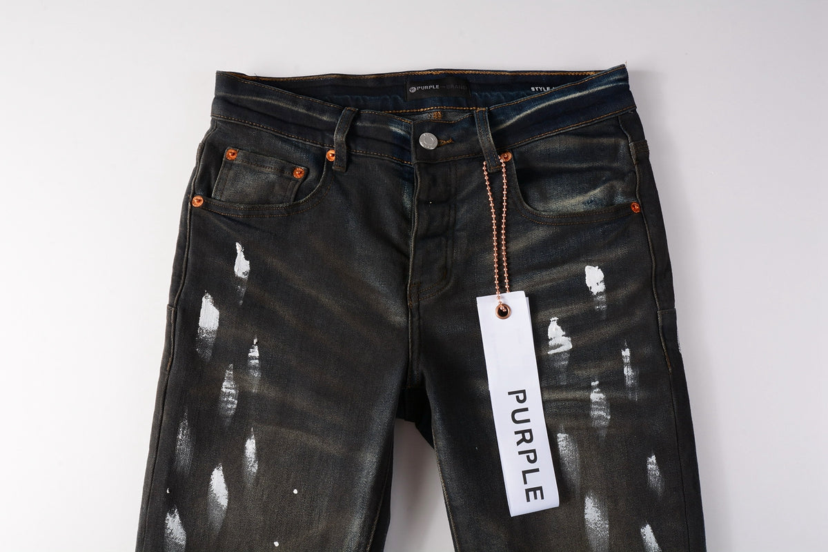 PURPLE Men Streetwear Skinny Jeans Dark Gray Wash with White Paint Splatter and Brush Strokes 9036