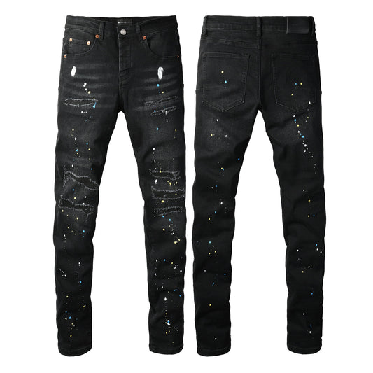 PURPLE Men Streetwear Skinny Jeans Black Wash with Distressed Details and Multi - Color Paint Splash 9121