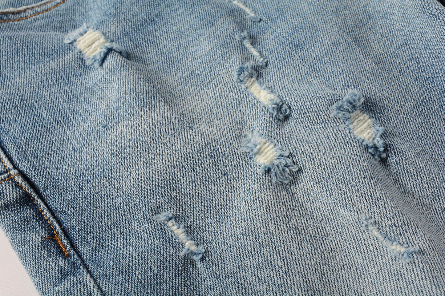 PURPLE Men Streetwear Skinny Jeans Light Blue Wash with Subtle Distressed Ripped Details 9075