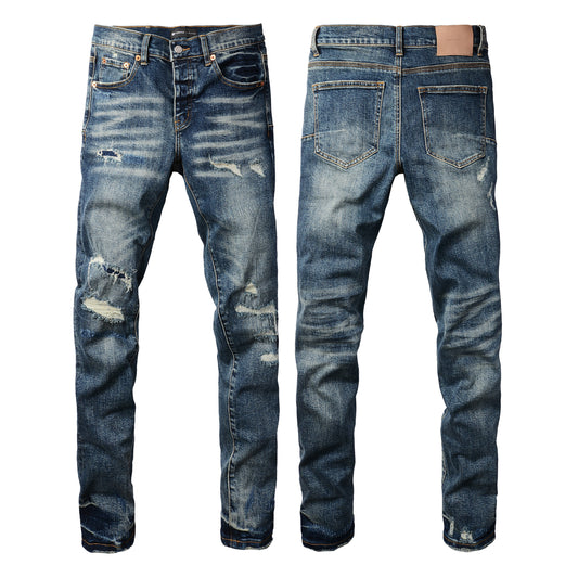 PURPLE Men Classic Streetwear Jeans Distressed Dark Blue Ripped skinny 9096