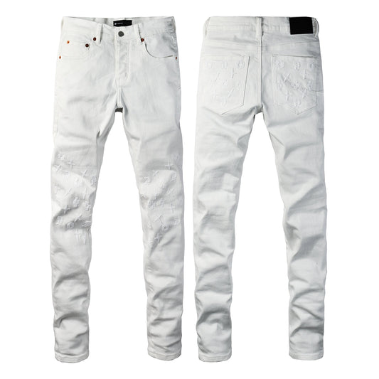 PURPLE Men Designer Streetwear Skinny Jeans Solid White with 3D Embossed Monogram Pattern 9113