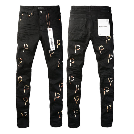 PURPLE Men Streetwear Skinny Jeans Black Wash with All-Over Metallic Gold "P" Print 9008