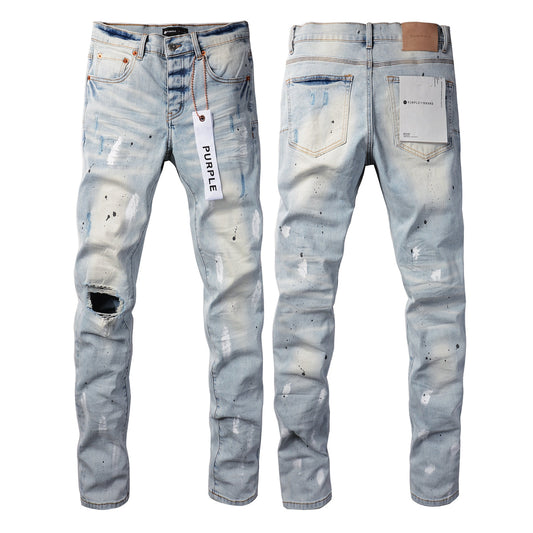 PURPLE Men Streetwear Skinny Jeans Light Blue Wash with White Paint Splatter and Subtle Distress 9006