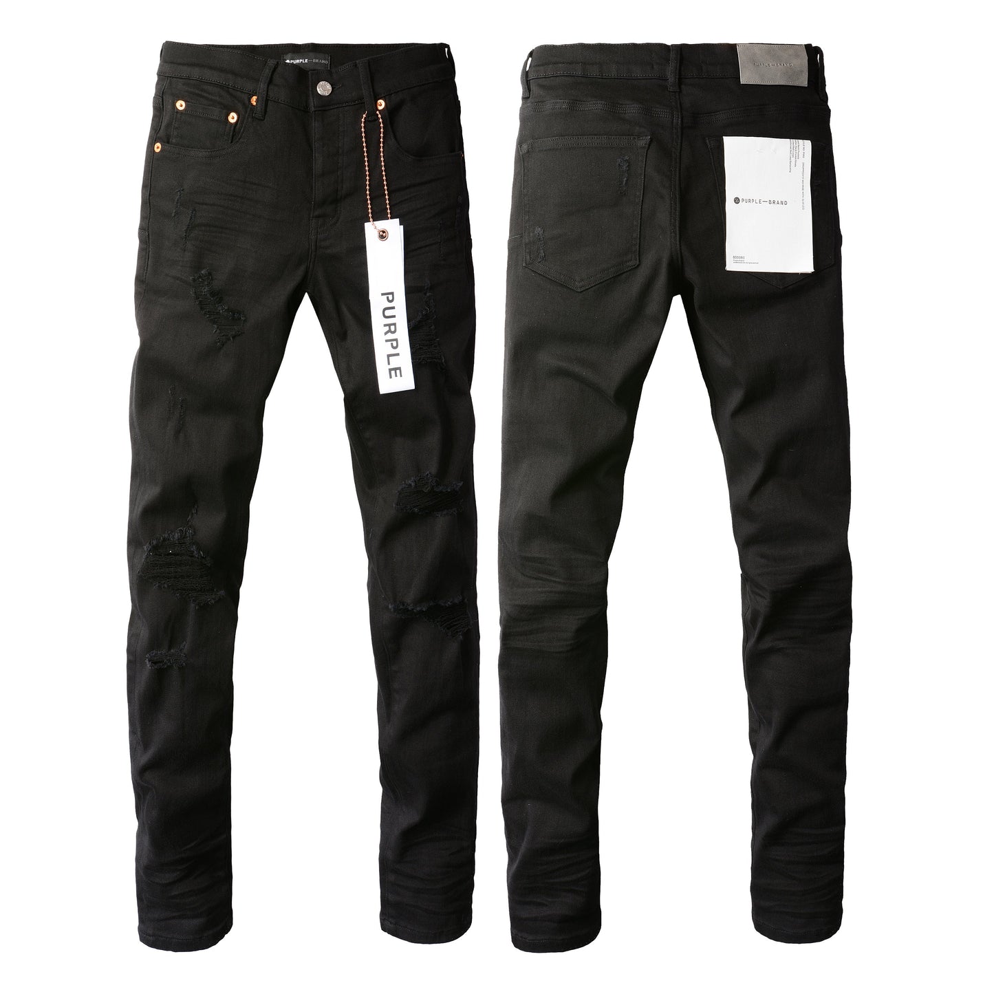 PURPLE Men Streetwear Skinny Jeans Black Wash with Distressed Rip Details 9022