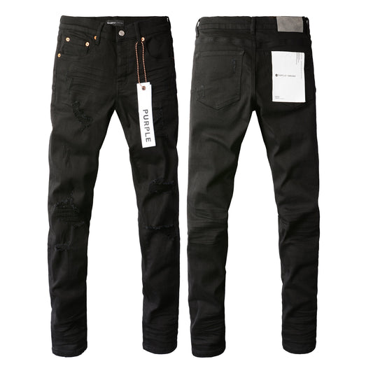 PURPLE Men Streetwear Skinny Jeans Black Wash with Distressed Rip Details 9022