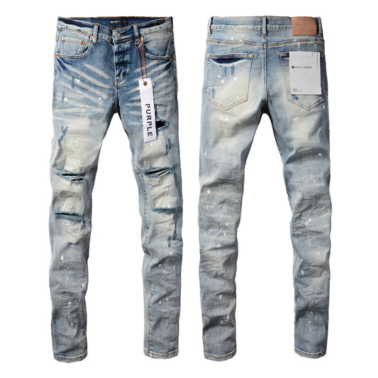 PURPLE Men Streetwear Skinny Jeans Light Blue Wash with Heavy Distressed Rips and White Paint Splatter 9003