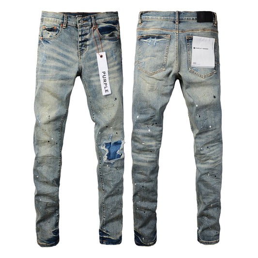 PURPLE Men Streetwear Skinny Jeans Light Blue Wash with Blue Patched Rips and White Paint Splatter 9050-1