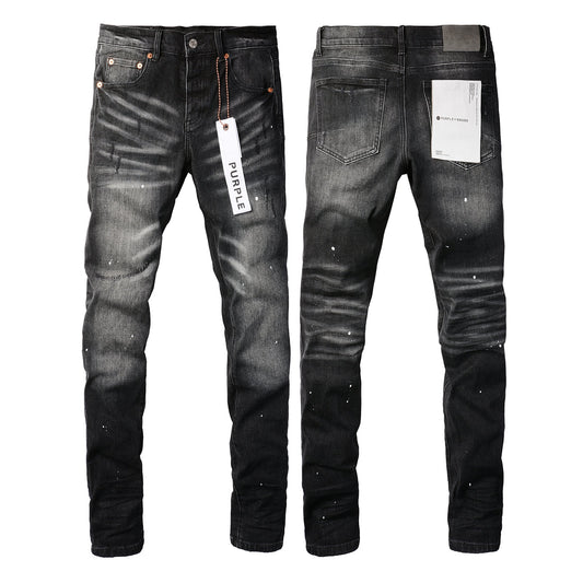 PURPLE Men Streetwear Skinny Jeans Black - Gray Fade Wash with White Paint Specks 9027