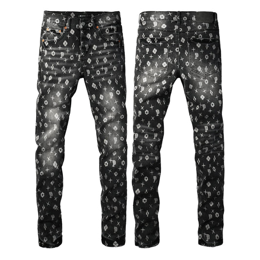 PURPLE Men Classic Street Skinny Jeans Dark Grey Monogram Print All Over Distressed Style 9112
