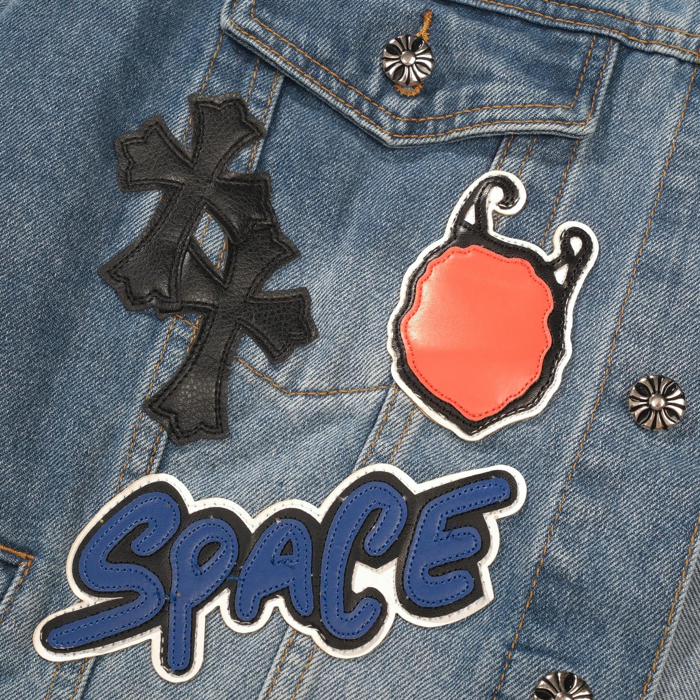 Chrome-Hearts Patchwork Denim Jacket - Vintage Blue Gothic Street Jacket 0789